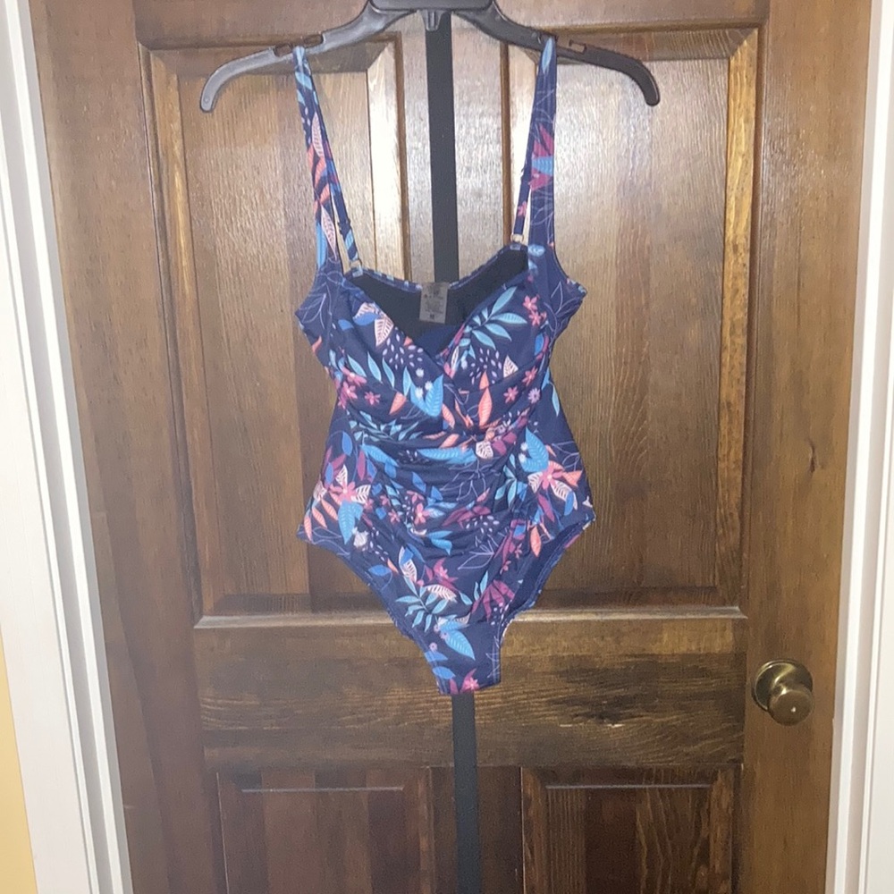 Surf Style Women's One Piece Swimsuit - Blue and Pink Floral Leaf Pattern